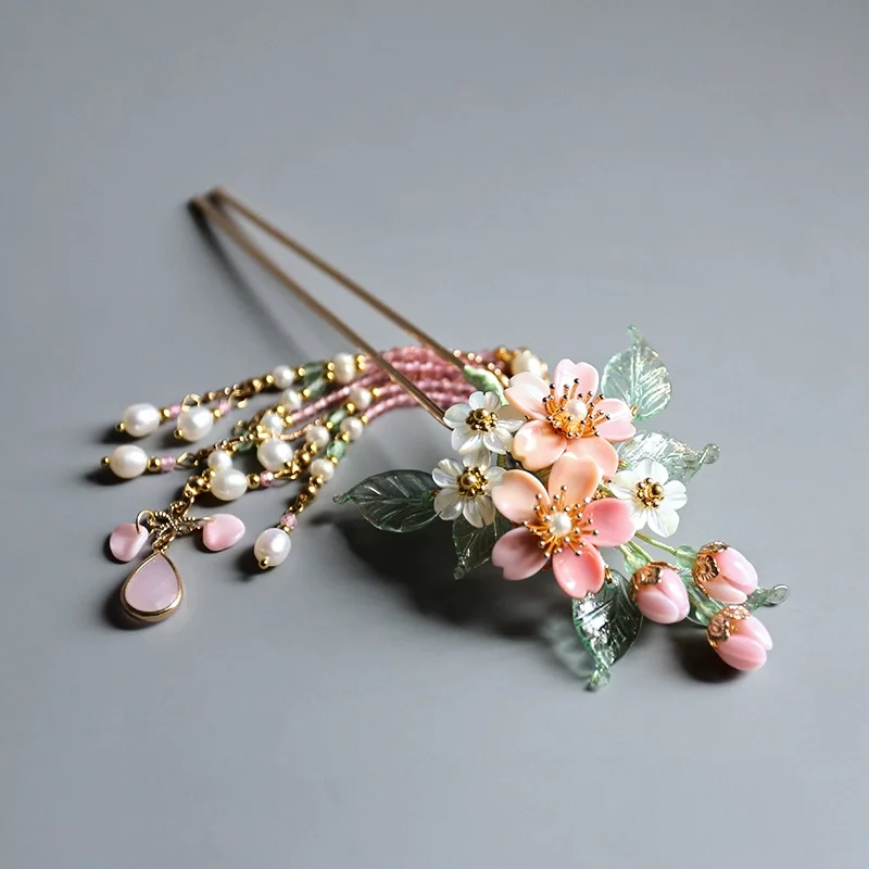 

Original Vintage Handmade Delicate Head Jewelry Precious Stone Material Shell Pearl Jade Agate Crystal Tassel Hair Stick Hanfu