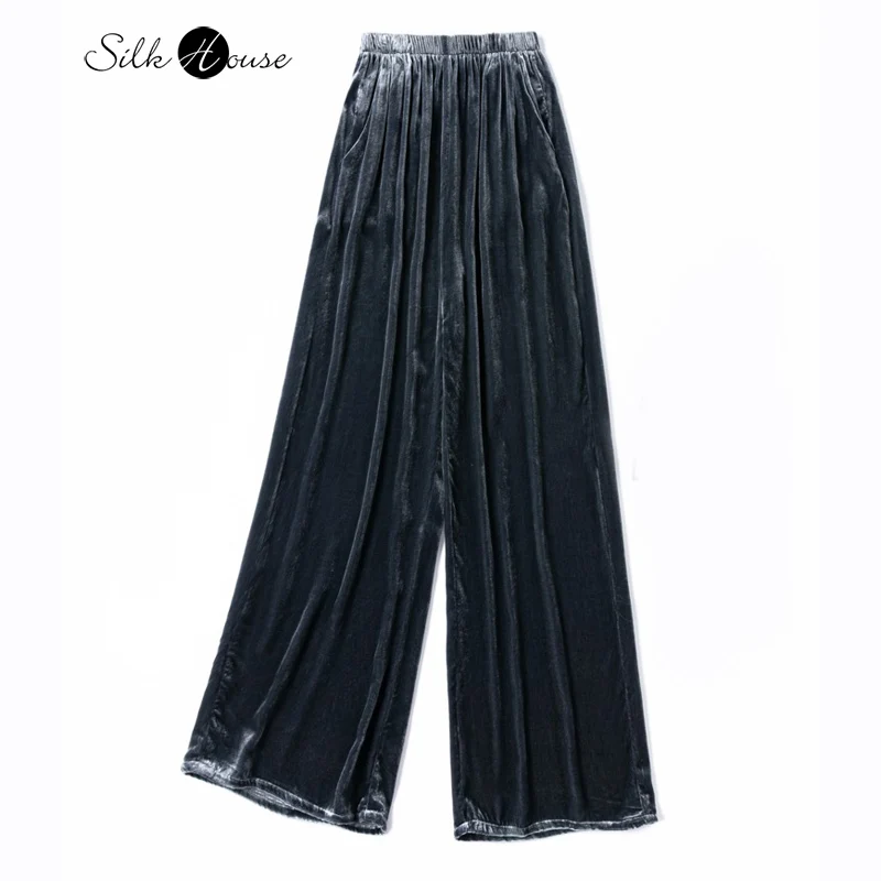 

Skin Friendly and Easy To Drape 30% Natural Mulberry Silk Velvet Dark Gray Retro Versatile Women's Casual Straight Leg Pants
