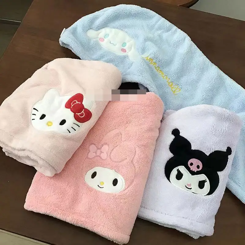 Sanrio Hello kitty Kuromi Cinnamoroll My melody lucu kreatif kartun bordir pola rumah baru coral beludru kering topi rambut