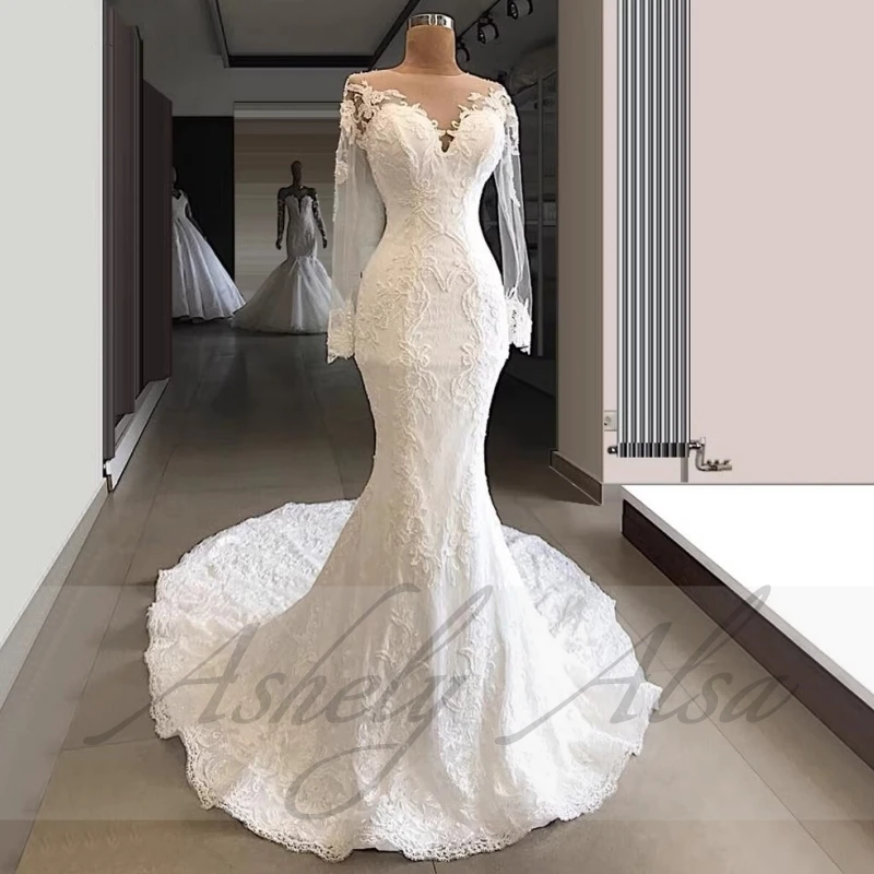 AW18 vestidos de novia elegantes personalizados de princesa para mujer, Vestido de novia de manga larga con Apliques de encaje y botones cubiertos, Vestido de novia para jardín