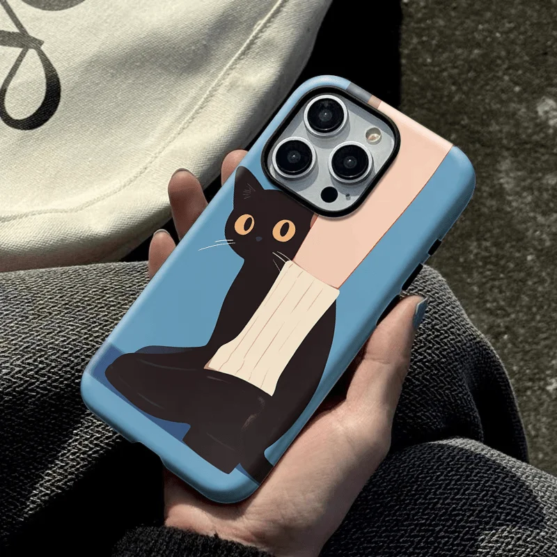 

Phone Case for iPhone 16 15 14 13 12 11 X XS XR XSMAX 7 8 Pro Max Plus Luxury Cat and Girl Illustration Double-layer Back Cover