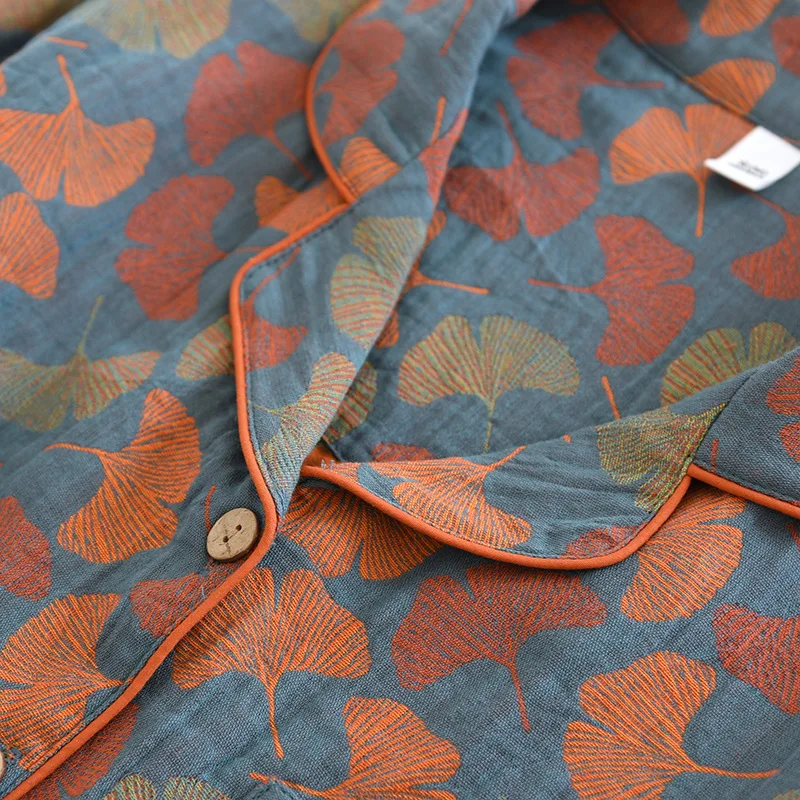2026 Neue Frühlings- und Sommer-Damen-Pyjama-Sets, Langarm-Hosenanzug, Zweiteilig, 100% Baumwolle, Krepp, Blumen- und Blättermuster, Hauskleidung – Detail 10