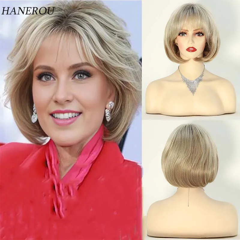 

Synthetic Hair for Women Daily Wig Blonde Short Bob Wig with Bangs Gradient Brown Wigs Cosplay Party Fake Hair