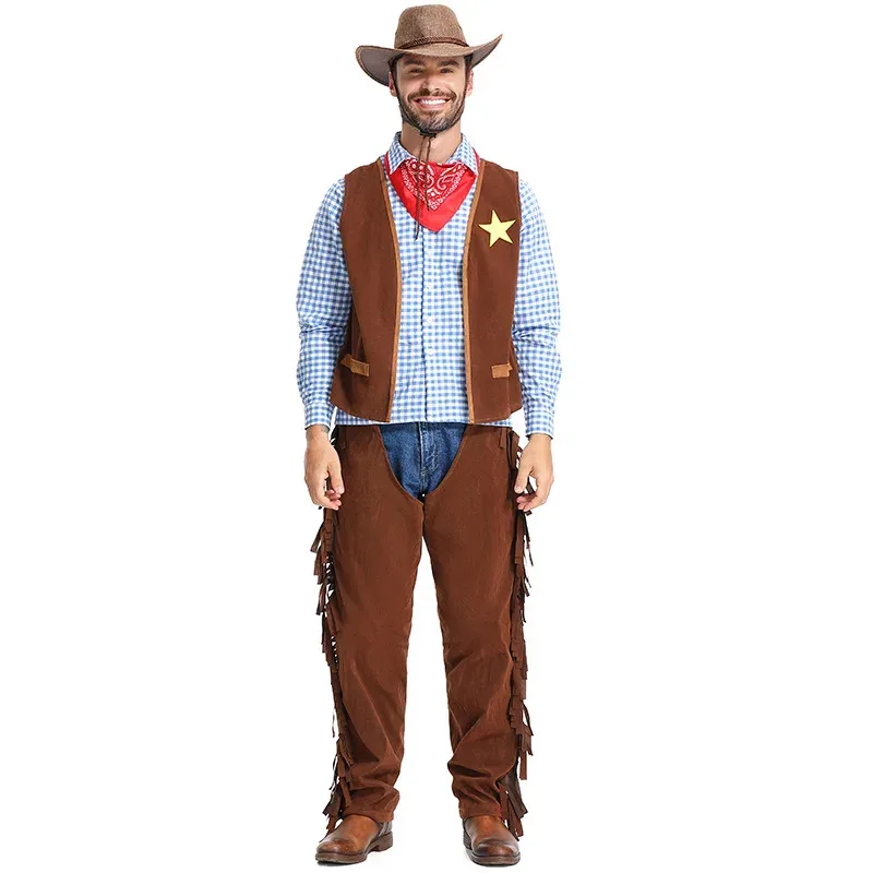 qq28LQBrown Wild West Costume Men Matador Adult Sheriff Cosplay Western Cowboy Fancy Dress Costumes