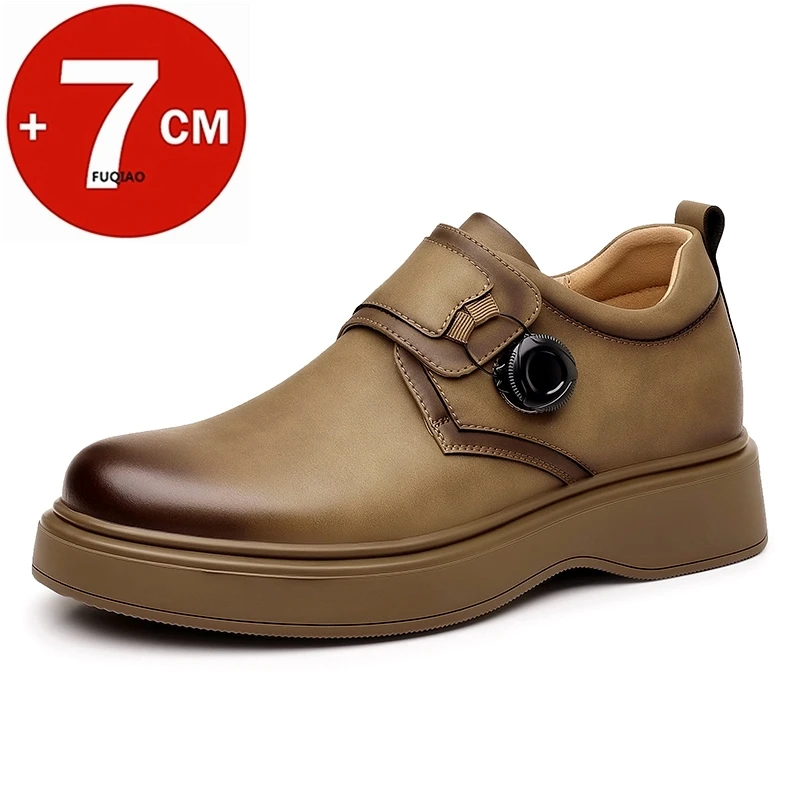 7CM Height Increasing Mens Business Casual Leather Shoes Commuter Dress Rotating Buckle Office Comfortable Lift Elevator Shoes
