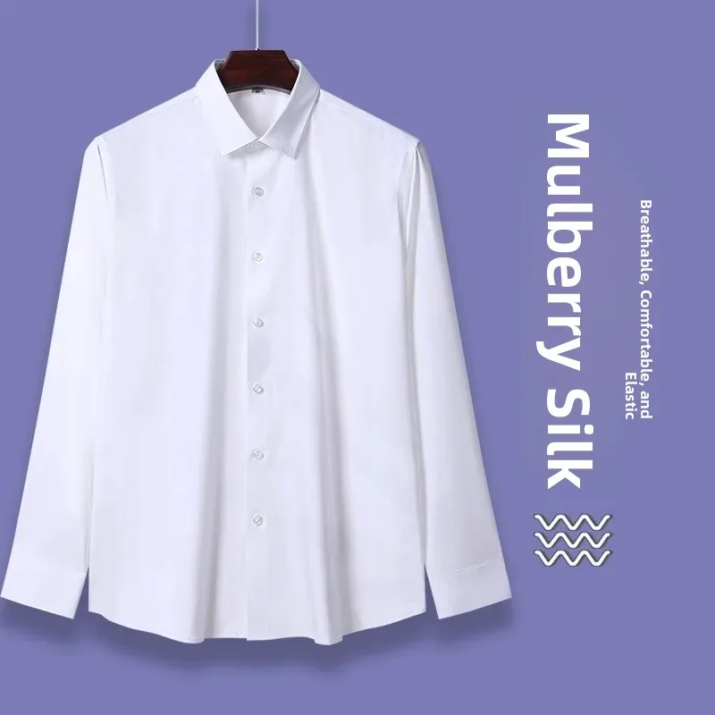 Silk Long Sleeve White Shirt Casual Business Pure Color Anti-Wrinkle Versatile Men's Spring Autumn New Style Standard Fit Shirt