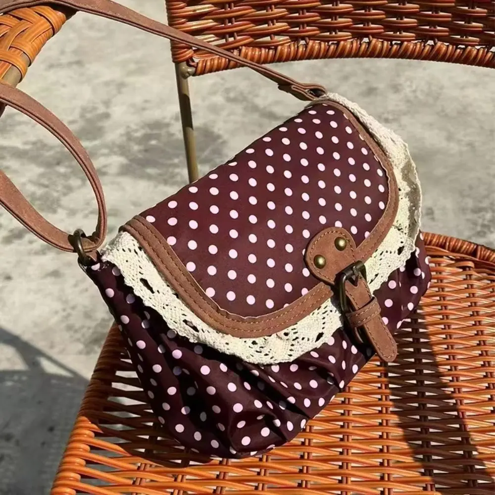 

2025 Polka Dot Vintage Bag Casual Canvas One-Shoulder Bag Lace Crossboby Bag