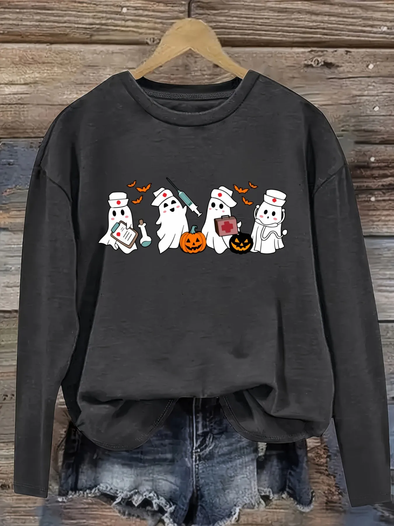 Women's Casual Long Sleeve Crew Neck T-Shirt Cute Ghost Nurse Halloween Print Design, Round Neck Women's Clothing, Machine Washable, Slightly Elastic, Loose Fit, Spring Autumn Winter Women's T-Shirt, Halloween Costume Outfit view 2