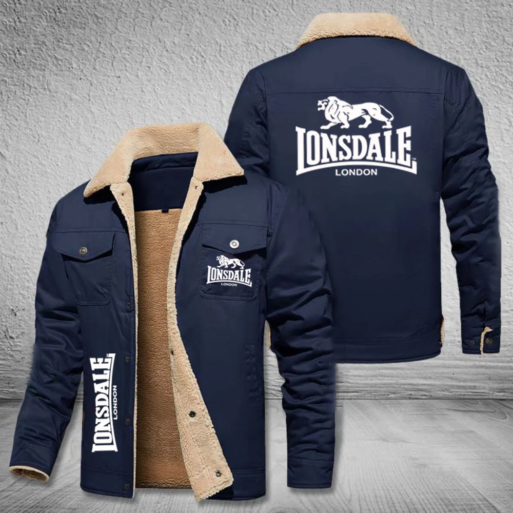 Men's Collar Jacket LONSDALE Winter Warm Lambskin Casual Button Jacket with Thick Fleece Work Jacket