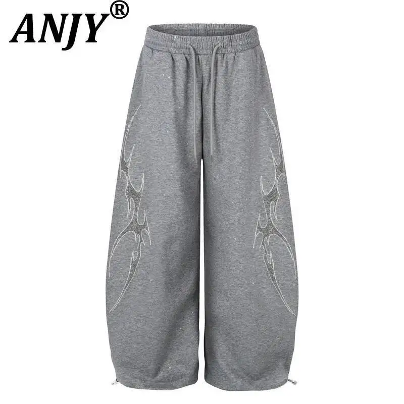

ANJY Spring Autumn New Women Fashion Diamonds Decoration Trendy Solid Color Wide Leg Casual Pants Loose Design Sweatpants A24112