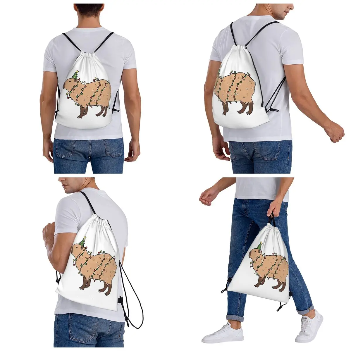 Cute Christmas Capybara Illustration Backpacks Multi-function Portable Drawstring Bags Sundries Bag Book Bags Man Woman Students