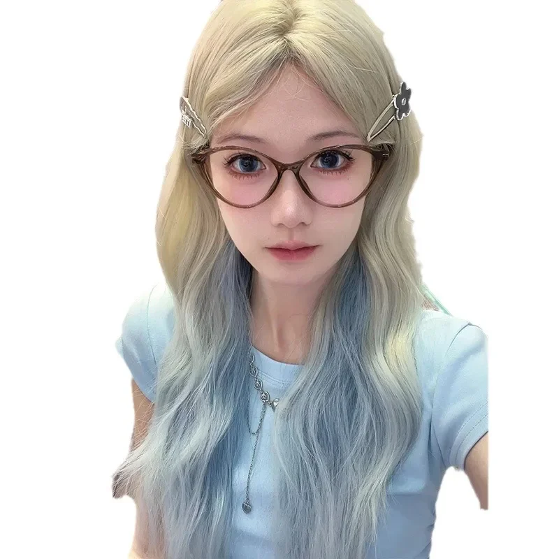 Wig female forehead lace long curly hair subculture platinum gradual change highlights blue medium points big waves full head
