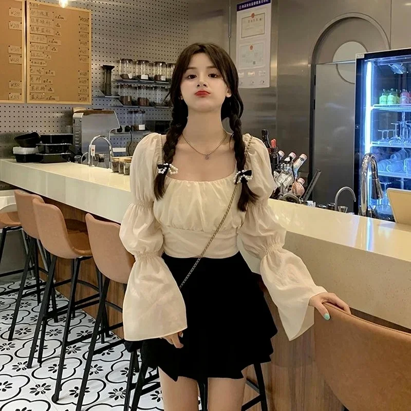 Back Puff Sleeve Shirts Women Autumn French Bow Bandage Blouses 2022 New Black Pink Square Neck Cropped Tops Female