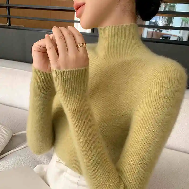 Half High Neck Knitted Sweater Women's Slim Fit Long Sleeved Autumn Winter Solid Color Base Pullover Tops Tight Fitting Sweater