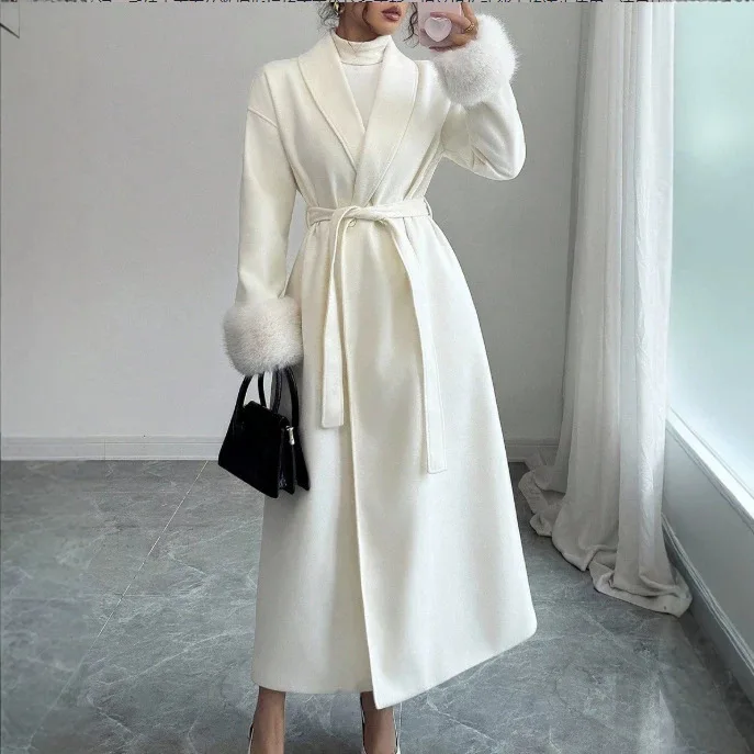 Street Furry Patchwork Slim Women's Long Woolen Overcoats V-neck Full Sleeve Lace Up Coats Fashion Office Lady Autumn Outerwears