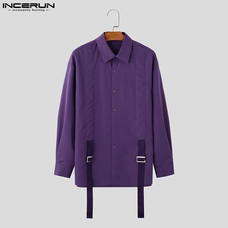 INCERUN Tops Korean Style Stylish New Men's Buckle Strap Pleated Design Shirts Casual Streetwear Solid Long Sleeved Blouse S-5XL