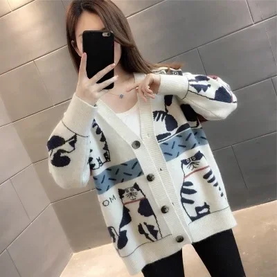 Fall 2024 Women's Sweater Clothing Fashion Cat Animal Cardigan Woman Oversized Tops Korean Knit Sweaters Coat Pull Femme