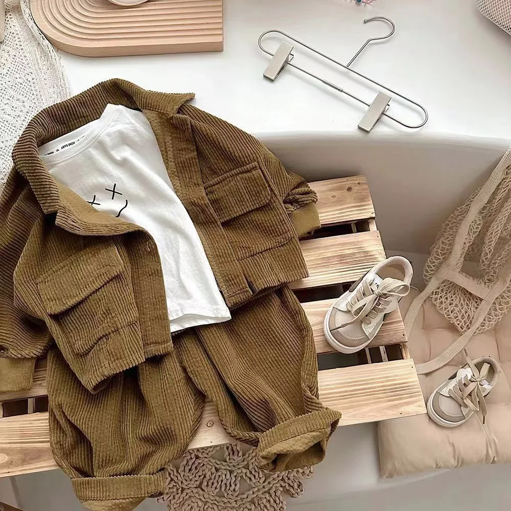 

Spring autumn plump handsome fashionable jacket two-piece children's long-sleeved clothing Boys and girls corduroy suit