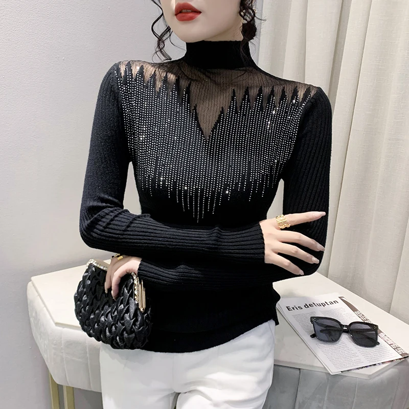 

2023 New Fall Winter Knitted Turtleneck Sweater Sexy Patchwork Women Sexy Shiny Diamonds Long Sleeve Elastic Casual Tops 36219