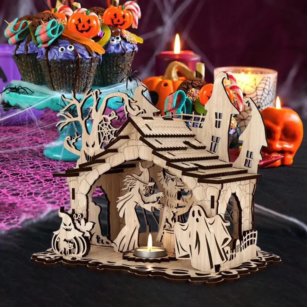 

Halloween Candle Holder Spooky Candle Holder Spooky Wooden Witch Ghost House Candle Holder for Halloween Party Decor for Women