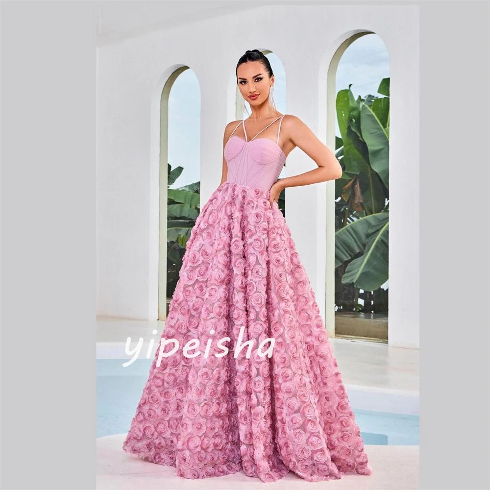 Jersey Flower Ruched Beach A-line V-neck Bespoke Occasion Gown Long Dresses