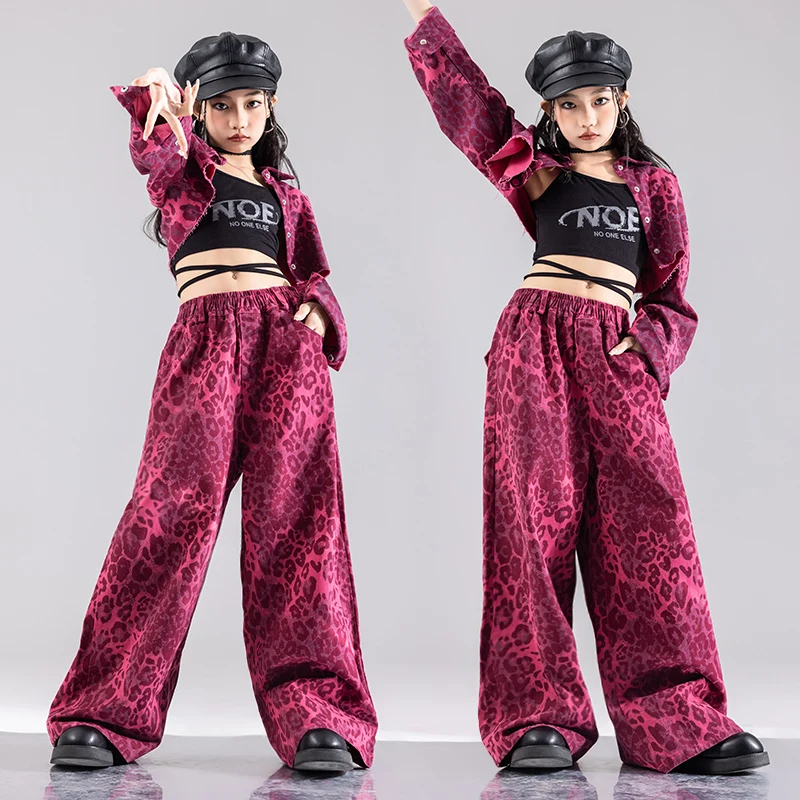 Girls Hip Hop Crop Jacket Cargo Pants Kids Street Dance Cargo Leopard Pant Clothes Set Children Wasteland Punk K-pop Costumes