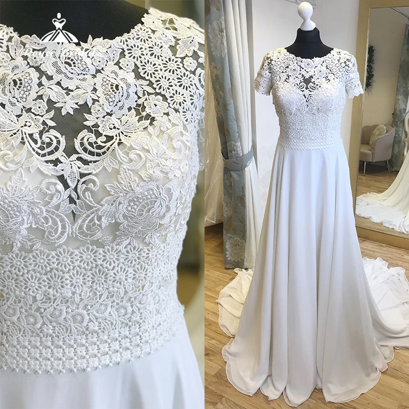 Boho A-Line Wedding Dresses For Women O-Neck Sexy Backless Button Lace Chiffon Bridal Gown Sweep Short Cap Sleeve robe de mariée