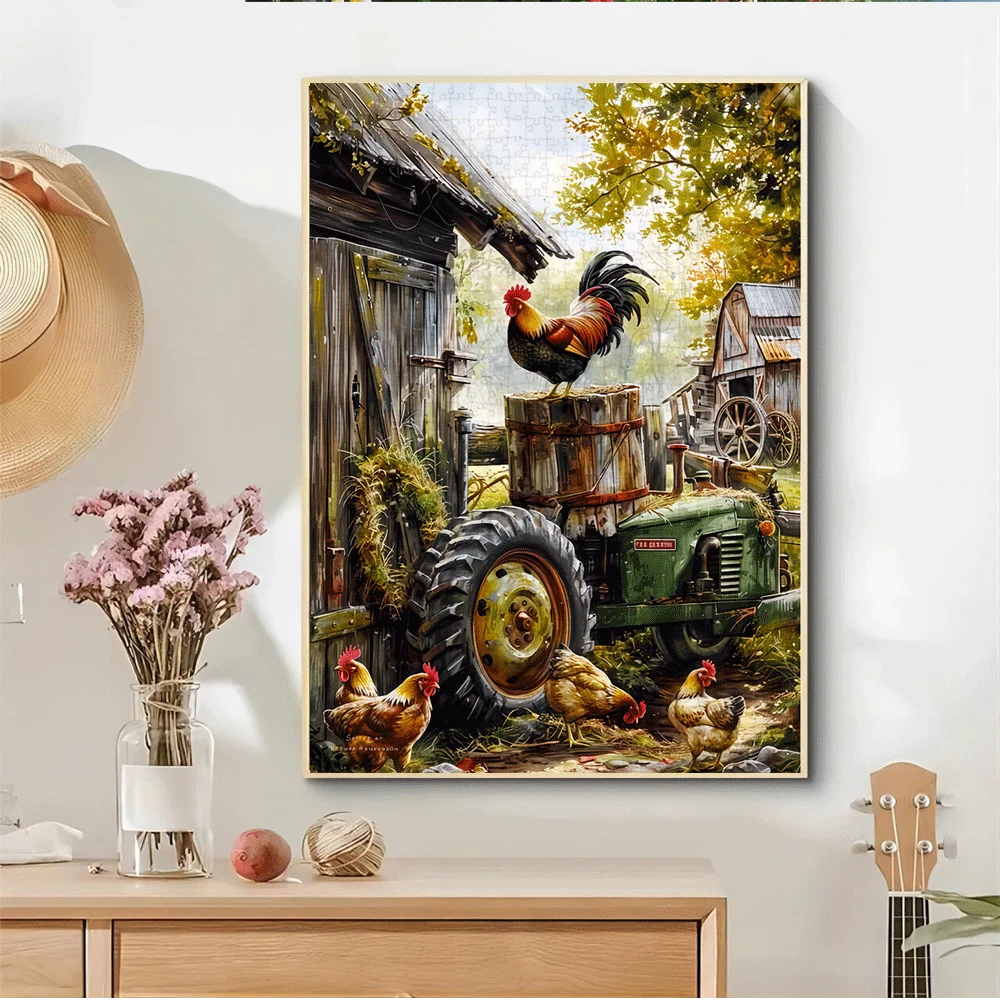 1000pcs Jigsaw Puzzle for Adults - Rustic Farm Scene with Rooster, Hens, Tractor & Barn - Vibrant Colors, Challenging Puzzle f