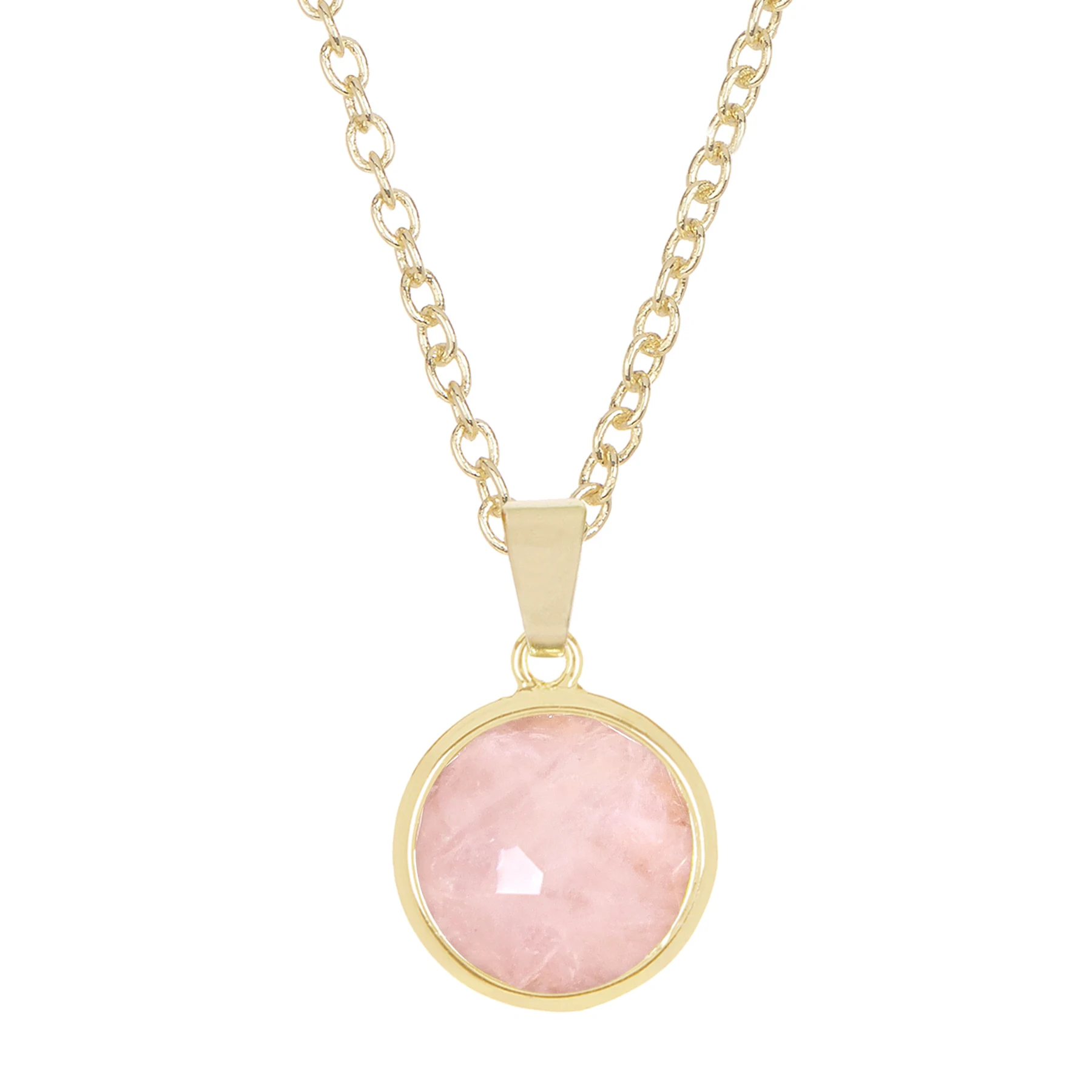 

Natural Stone Rose Quartz Round Pendant Necklace Gold Color Fashion Handmade Jewelry