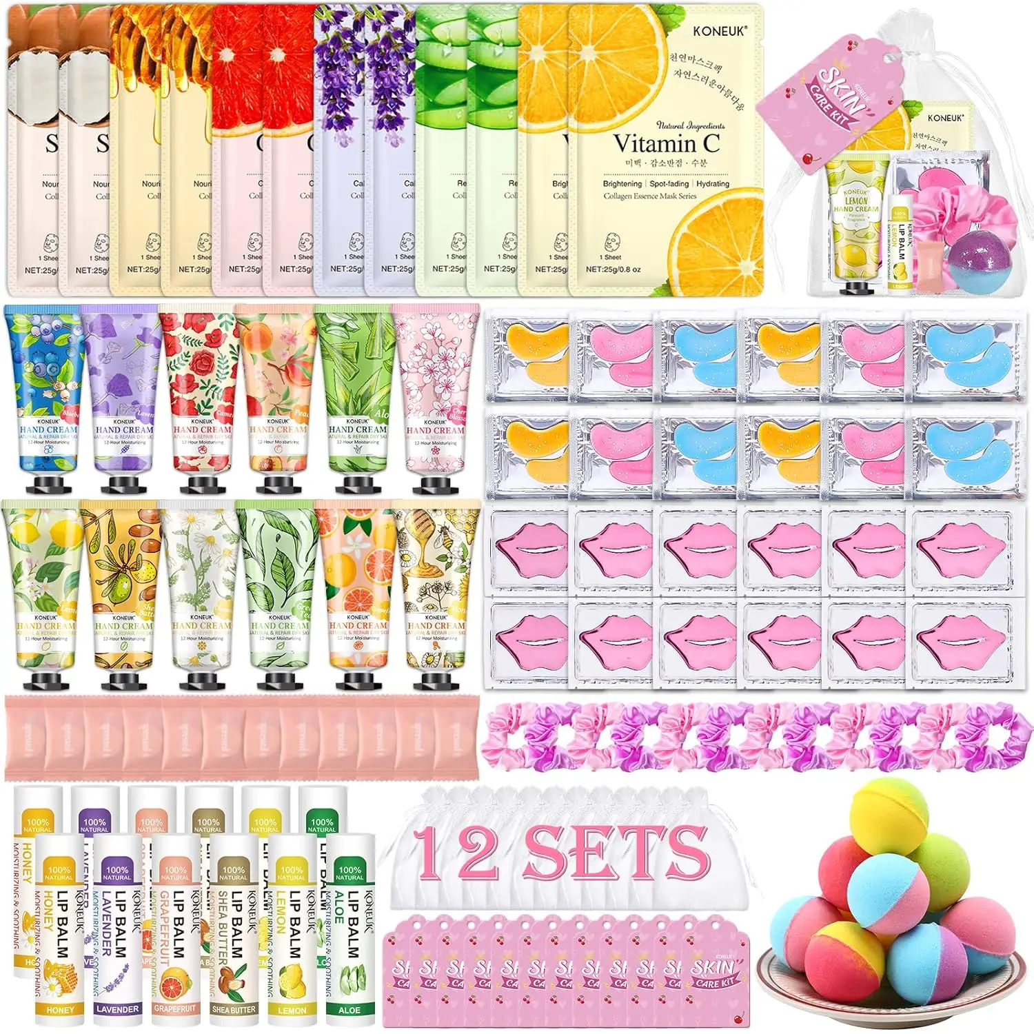 Spa Party Supplies Kit with 120 PCS Facial Masks, Hand Cream, Lip Balm, Under Eye Patches, Lip Mask and Foot Bath Bombs for