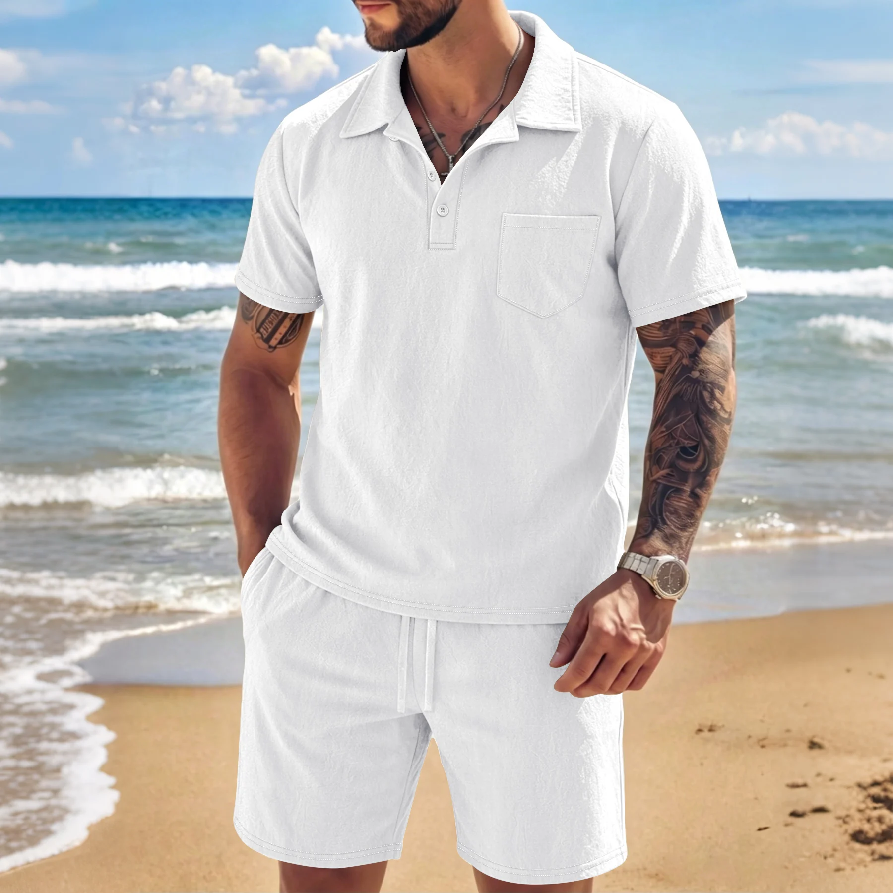 Men's Textured Linen Polo Shor - Short Linen Drawstring recension och pris