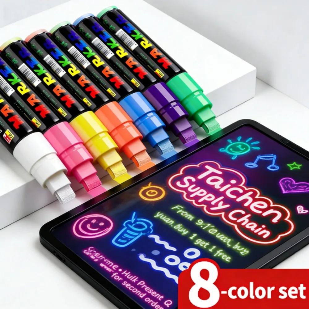 

Neon LED Board Marker Set (8 Colors) - 10mm Broad Chisel Tip Fluorescent Pen for Shop Advertising, Writable on LED Light Panel,