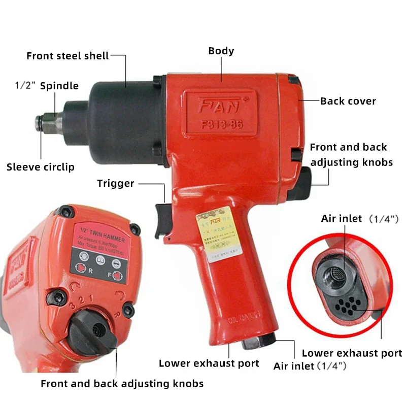 High Efficiency Pneumatic Air Wrench Manufacturers Double Hammer Strike Structure 1/2 Air Impact Wrench
