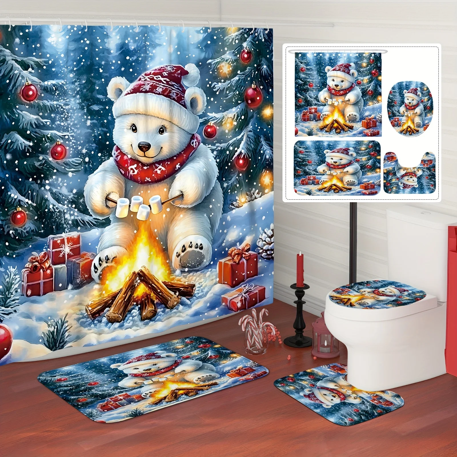 4PCS Christmas Tree Winter Shower Set, Bear Gift Santa Hat Red White Print, 12 Hooks, Non-Slip Mat, U-Seat Cover, Holiday Decor