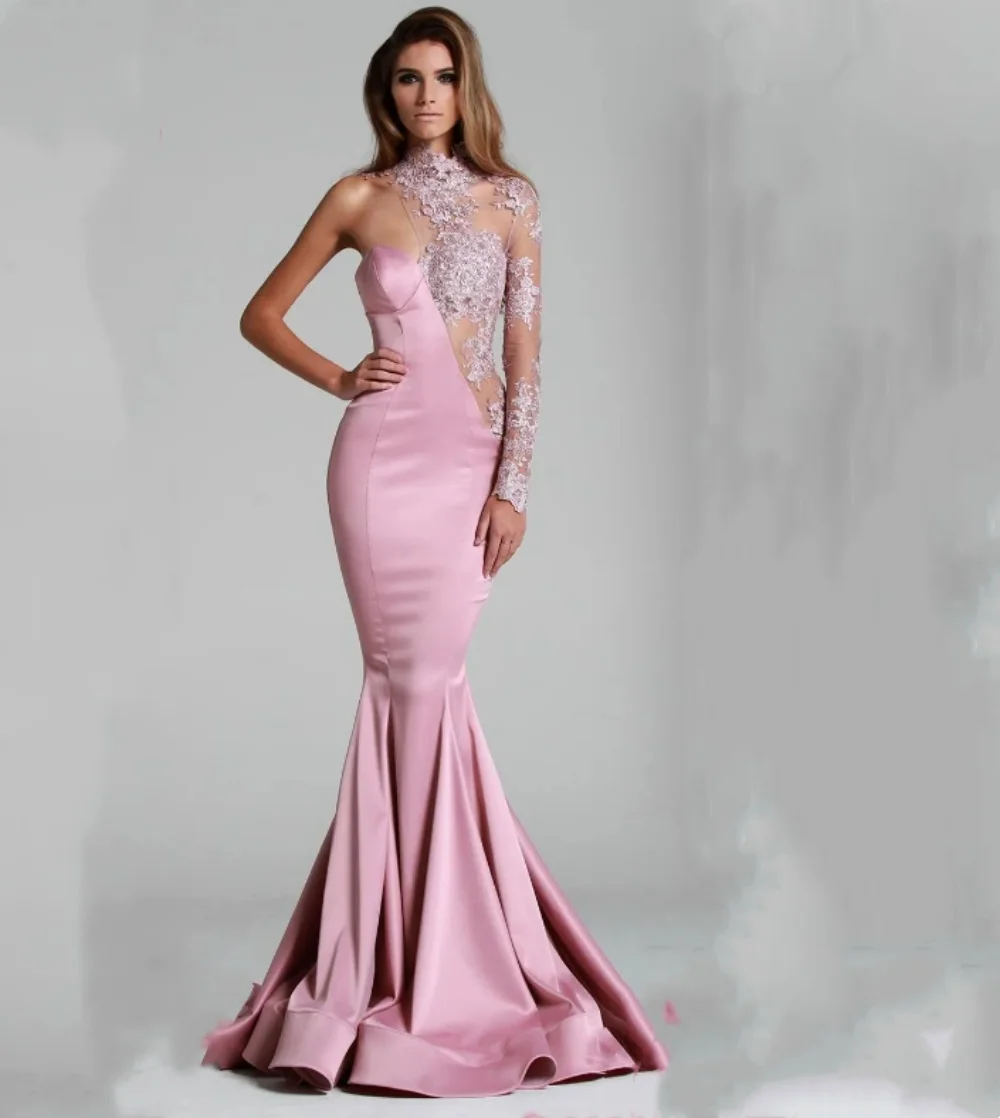 Vestido de noche Rosa romántico personalizado para mujer, vestido de un hombro, Apliques de encaje, sirena, satén, Formal, fiesta, nuevo, 2024