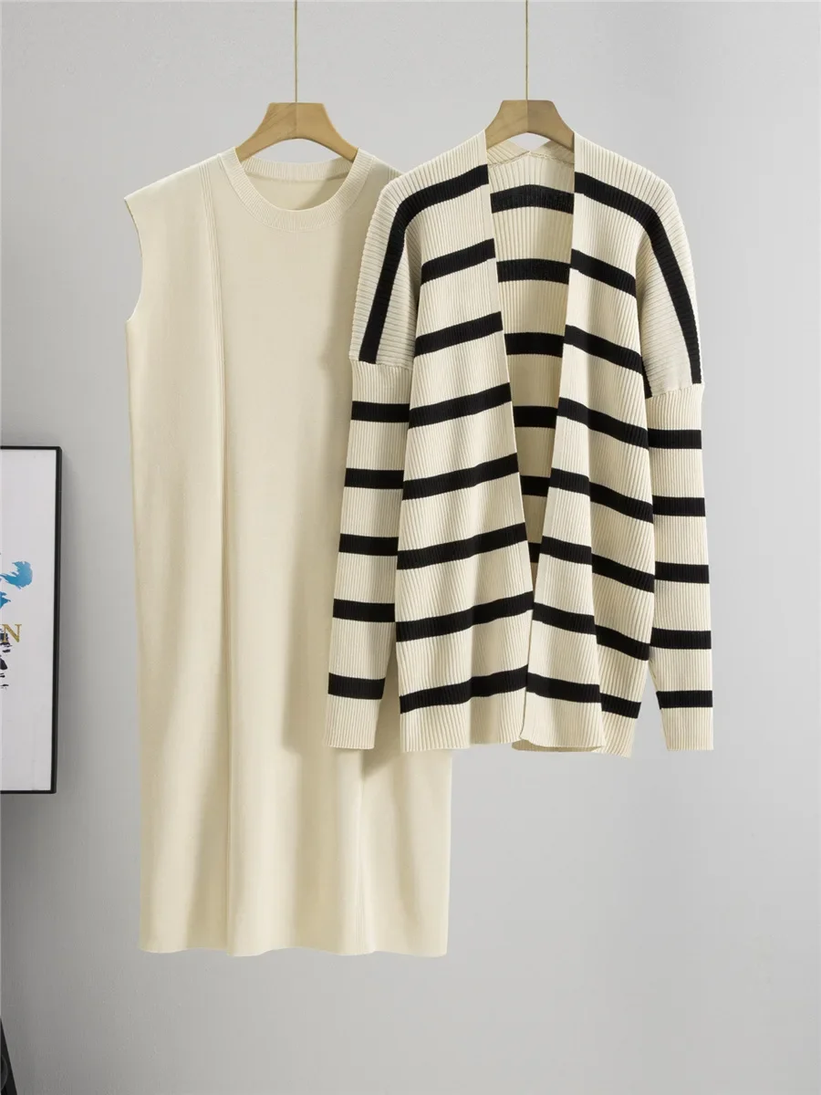 

Women Casual Knitted 2 Piece Sets Classic Solid Sleeveless Dress Outfit New Korean Striped Knitwears Sweater Cardigan Conjuntos