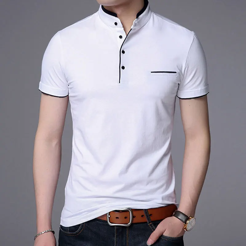 Men T-Shirt Short Sleeve Tshirt Men's Fashion Korean Business Casual Classic Mandarin Collar T-Shirts 100% Cotton Tops Tees Male