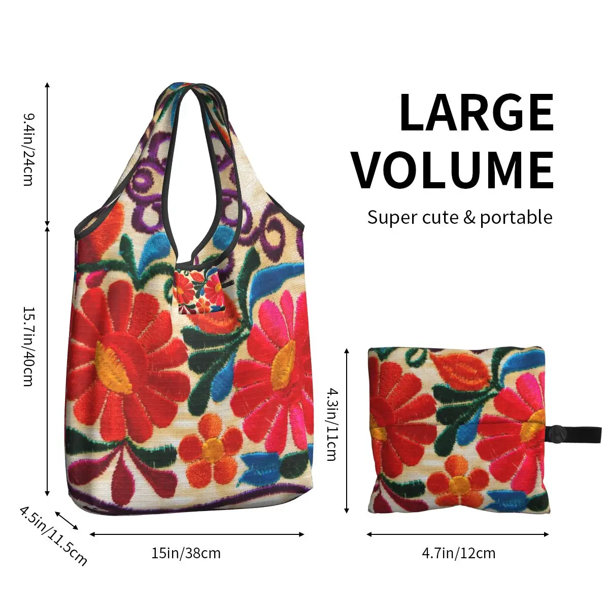 Mexican Flowers Art Grocery Shopping Bag Custom Shopper Tote Shoulder Bag Large Capacity Portable Textile Floral Folk Handbag