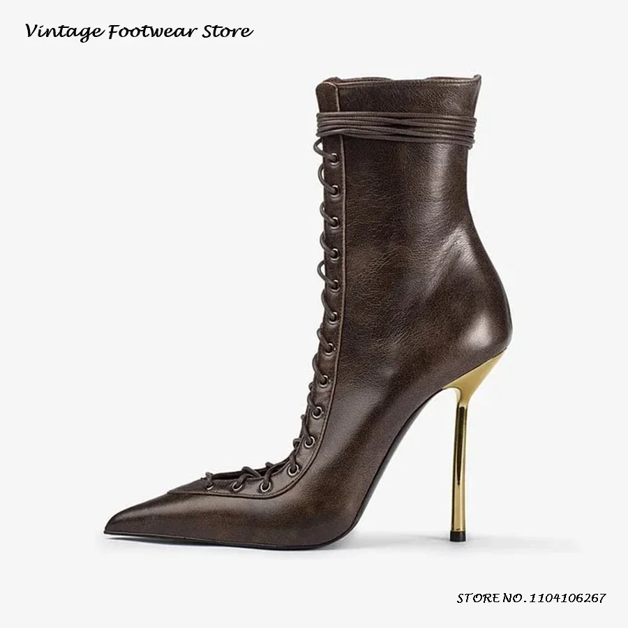 

Кожаные ботильоны на шнуровке в стиле ретро, ботильоны на тонком каблуке со шнуровкой и острым носком спереди, весенне-осенние женские туфли на высоком каблуке-шпильке