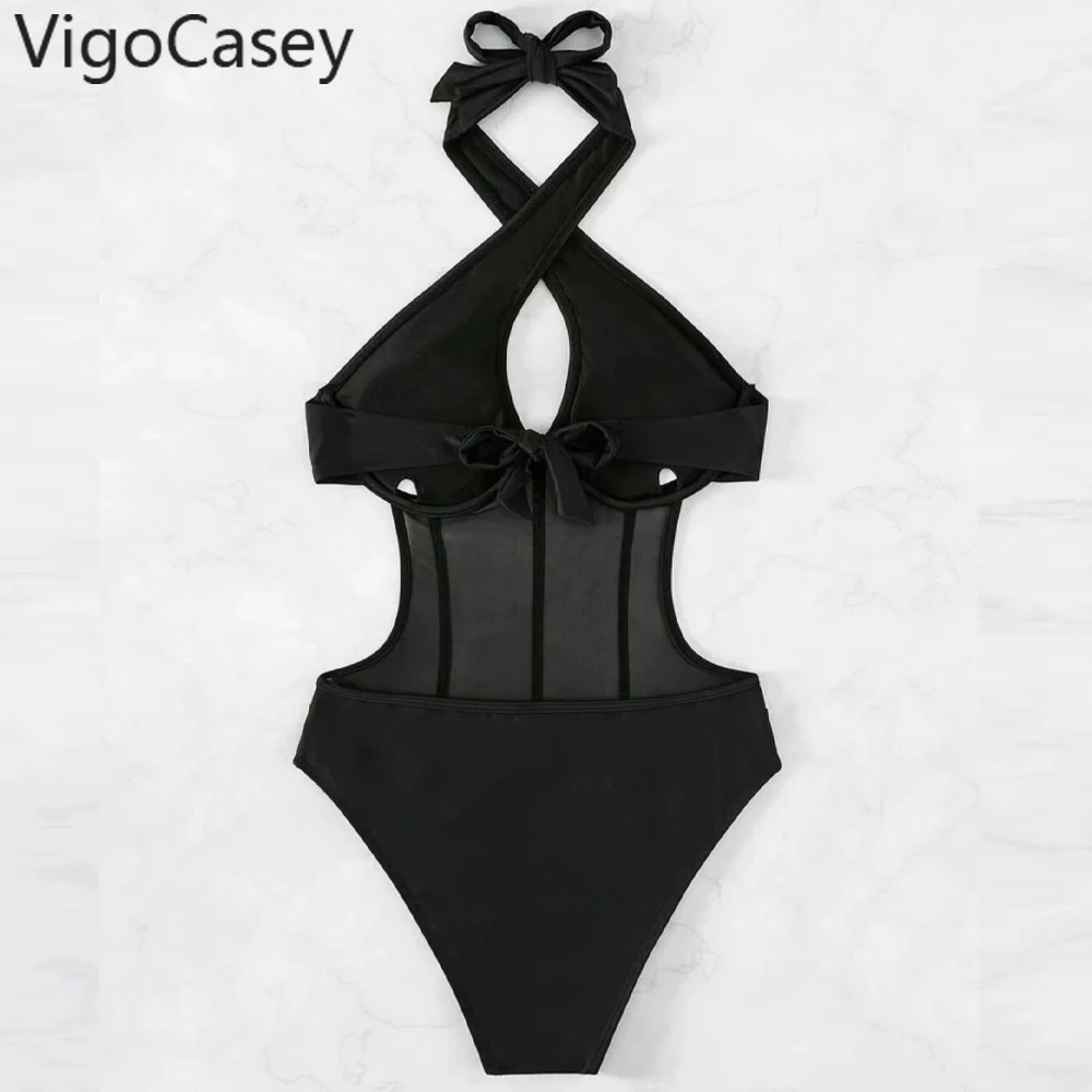 VigoCasey 2024 Solid Cross Halter Swimwear Women Sexy Push Up Hollow One Piece Swimsuit Monokini Backless Beach Bathing Suit