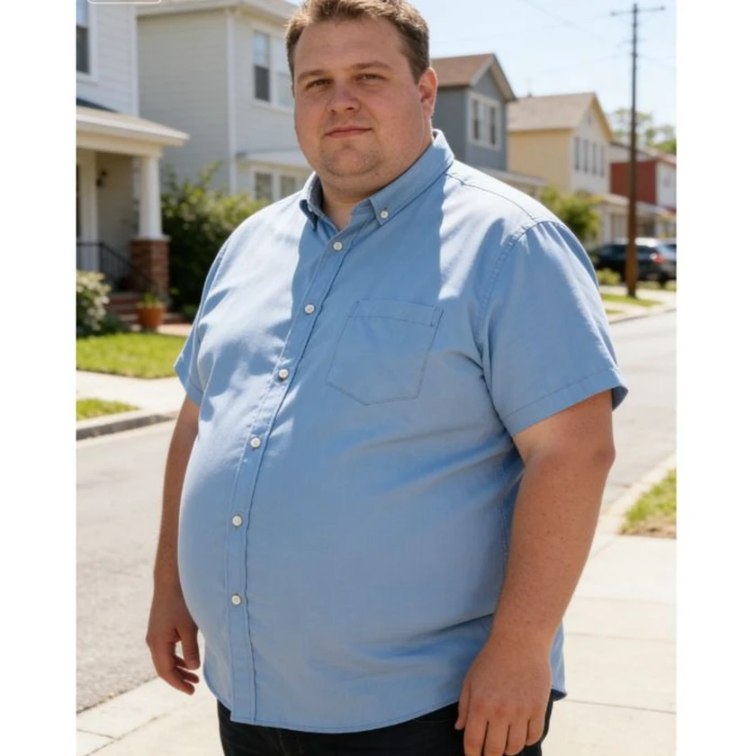 

Large size men's shirt short-sleeved; large size men's casual denim shirt; cotton; pockets