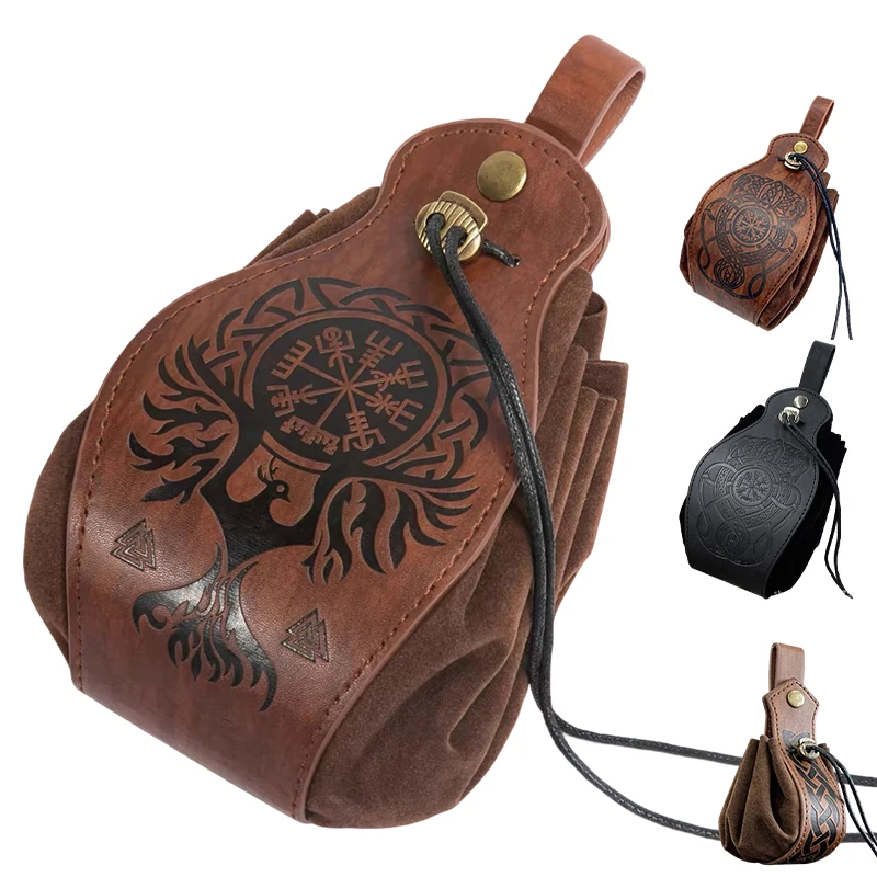 Viking Style Waist Pouch Faux Leather Medieval Belt Pouch Retro Drawstring Coin Purse DND Dice Bag for Cosplay LARP RPG  Storage