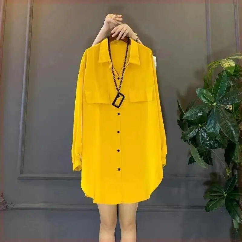 Spring Summer New Solid Color POLO Collar Long Sleeve Shirt Women Loose Casual Single Breasted Cardigan Ladies Mid-length Tops