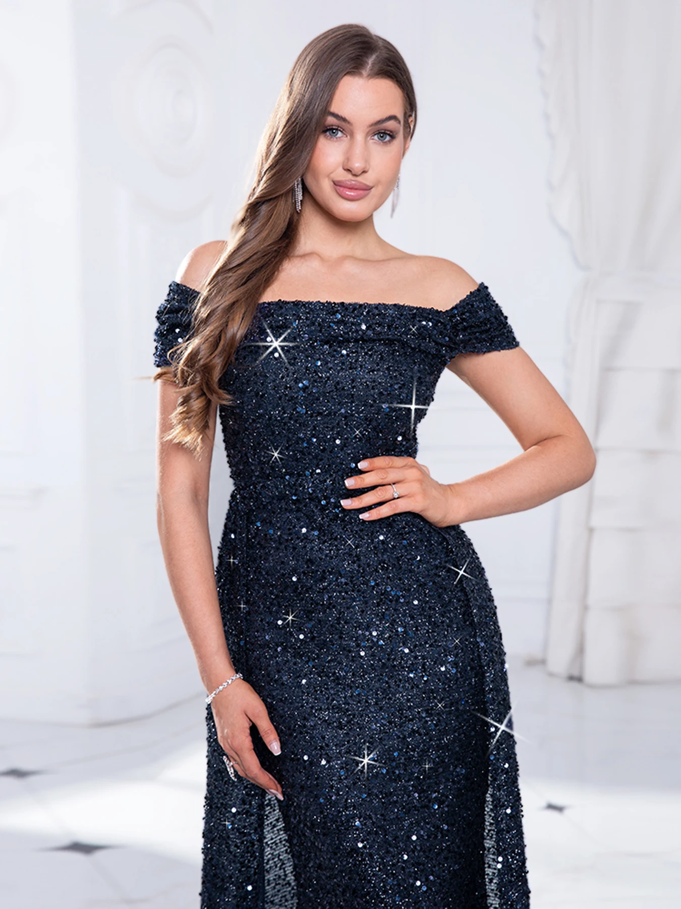 Off Shoulder Dazzling Sequin Fitted Bodice Evening Night Dress with Detachable Skirts Floor Length Party Dress