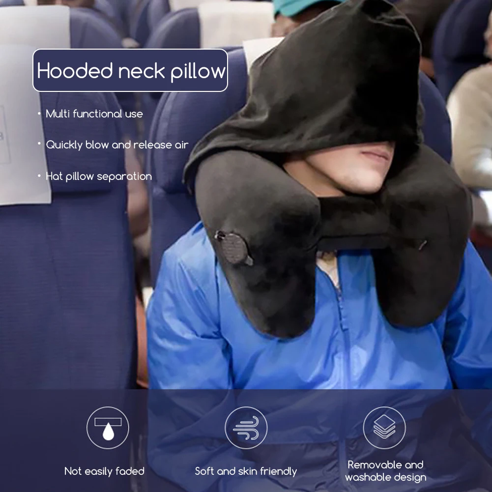 Inflatable Travel Neck Pillow With Hood Portable Compact Inflatable Peaceful Car Trips