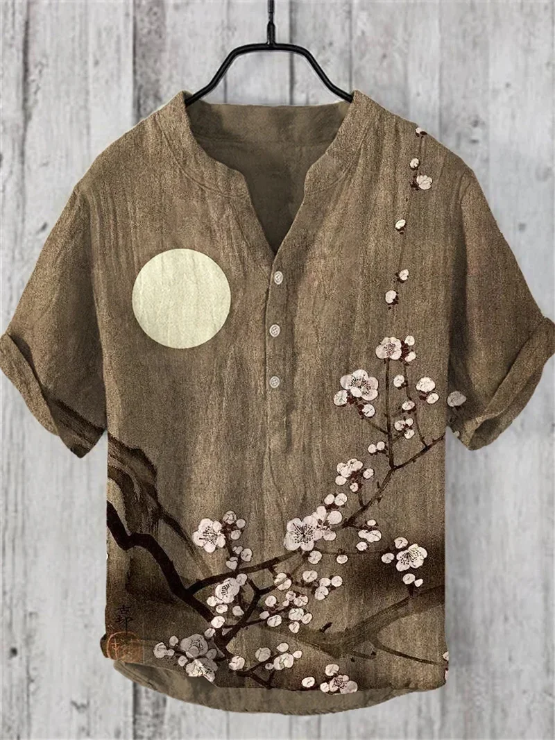 Men\'s Retro Hawaiian Art Print Wave Series 3D Digital Printing Casual Loose Short Sleeve Three-Breasted Shirt Linen 100%