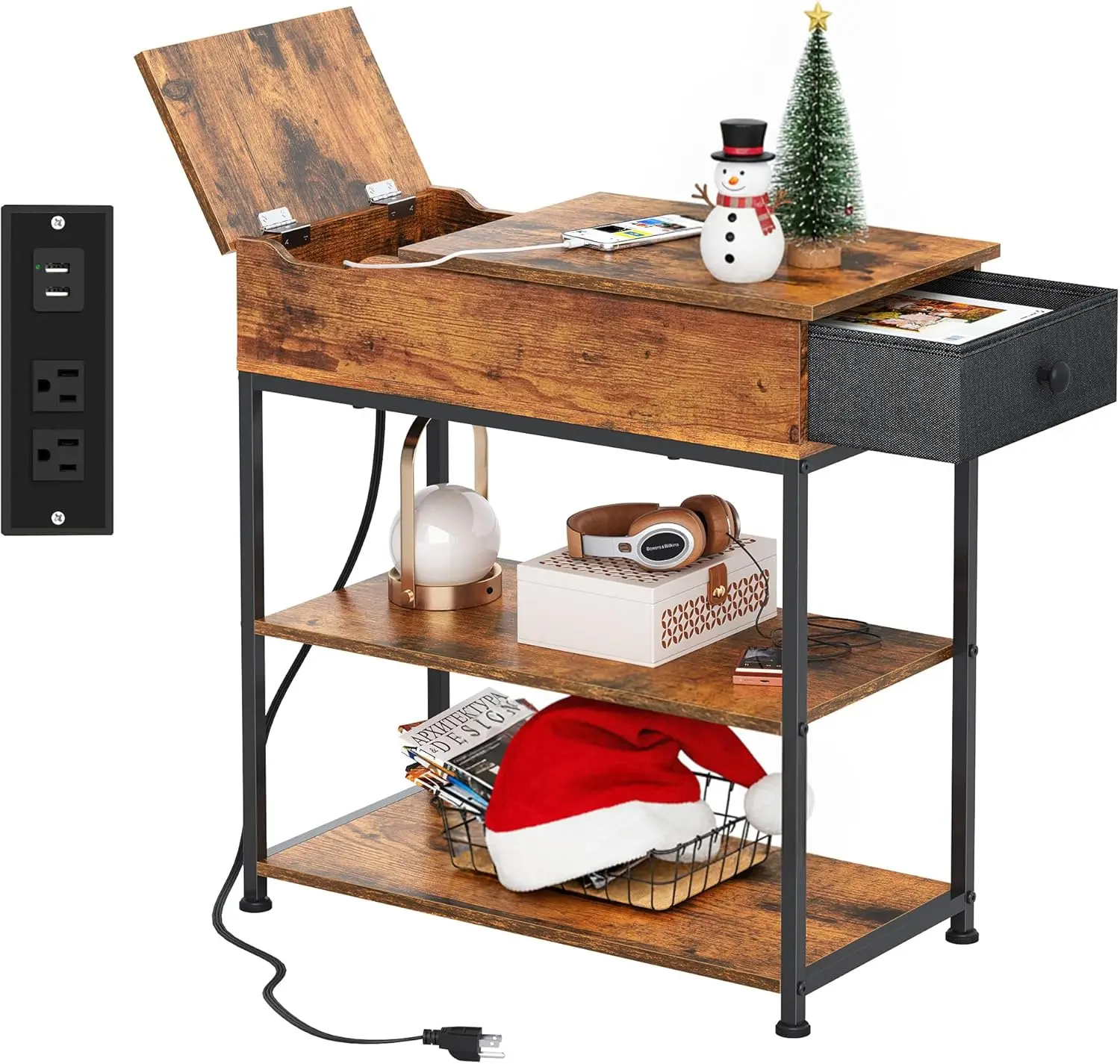 

Narrow Side Table with Charging Station, USB Ports, Fabric Drawer for Living Room and Bedroom