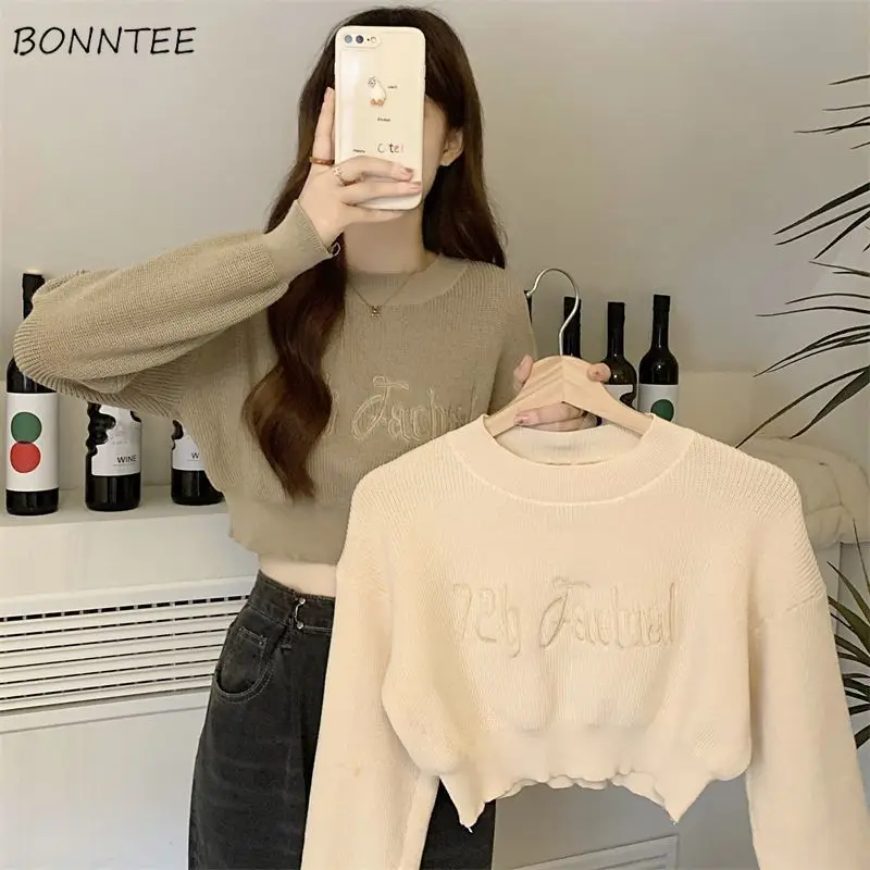 Winter Pullovers Women O-neck Short Letter Embroidery Chic All-match Knitting Basic Autumn Female Hot Loose Design Mujer Ins New