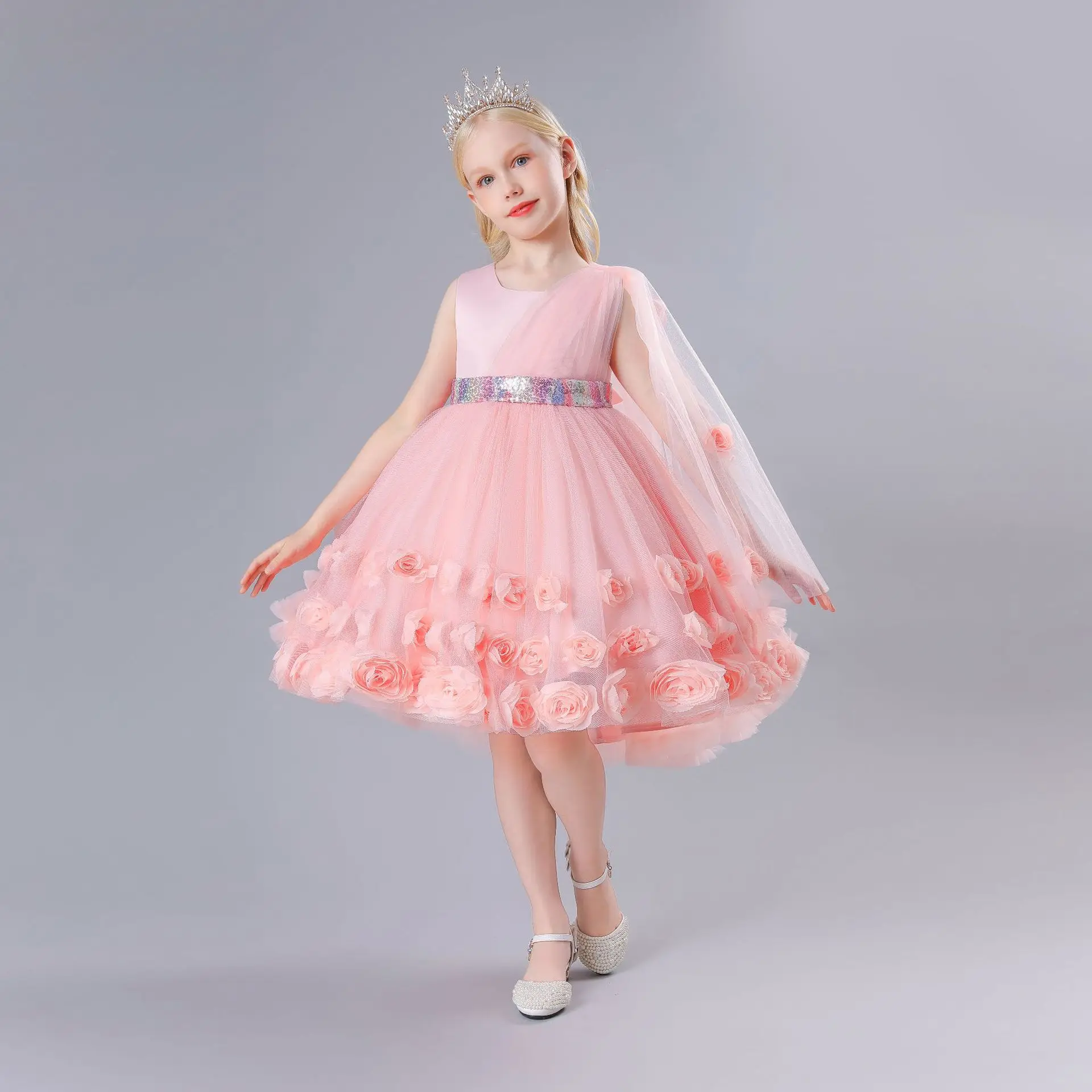 HETISO Elegant Princess Dress for Girls Flower Tulle Gown Sleeveless Formal Party Kids Holiday Wear 2-10 Years