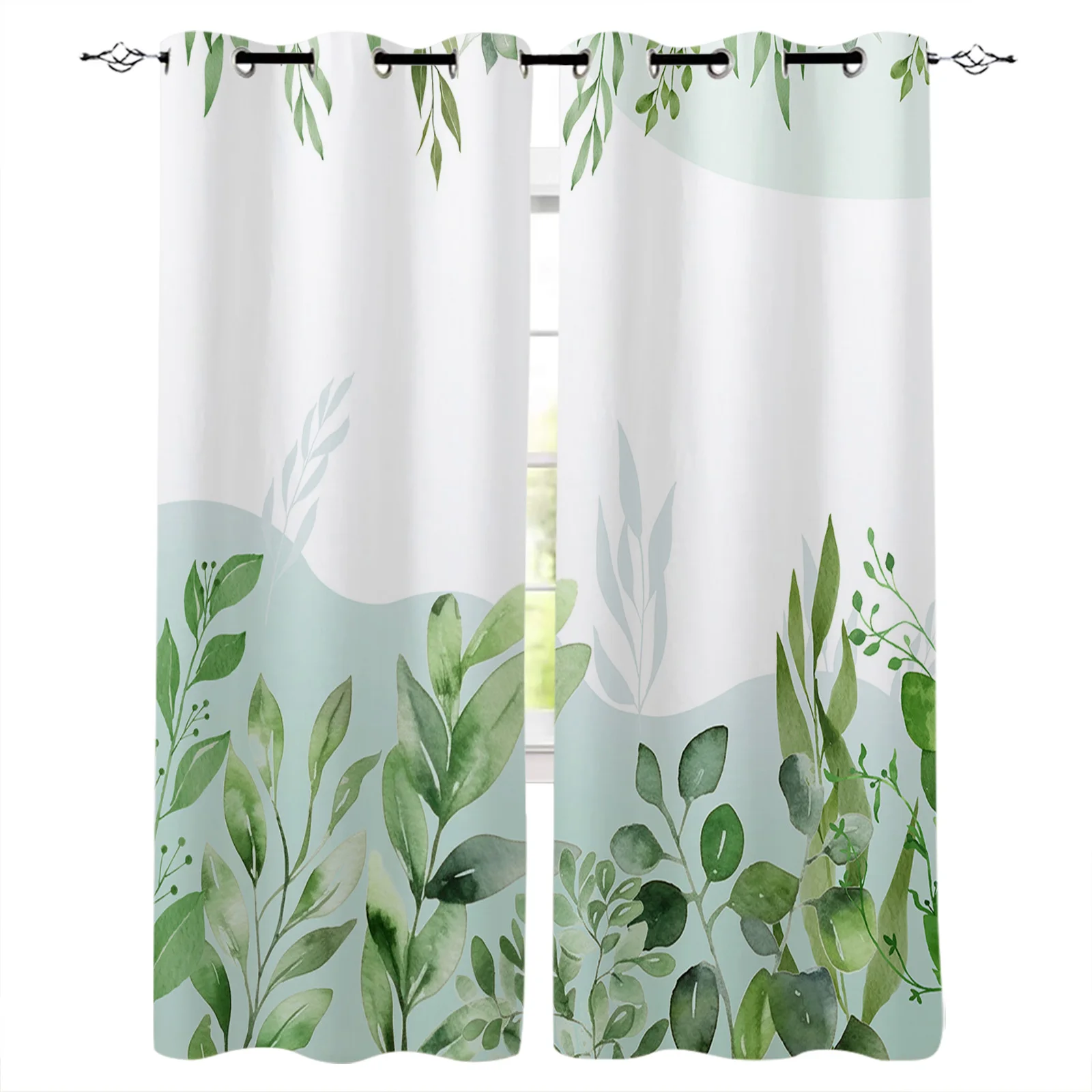 Watercolor Hand-Painted Plant Leaves Green Window Curtain Living Room Kitchen Curtain Panel Blackout Curtains For Bedroom